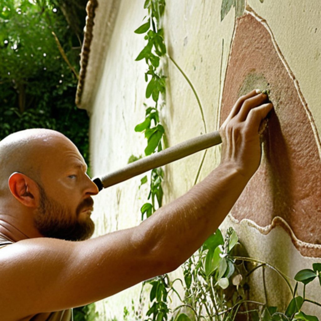 **Sustainable Restoration:** A restorer carefully applying natural hydraulic lime to an ancient fresco, surrounded by lush greenery. Focus on eco-friendly tools and materials.