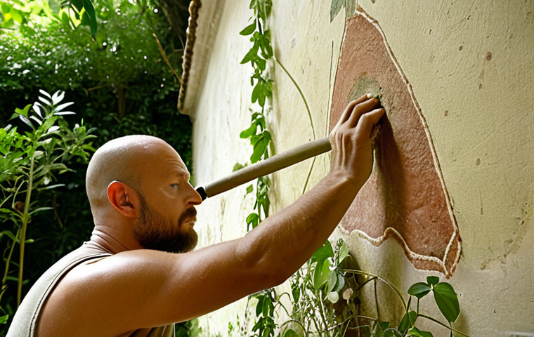 **Sustainable Restoration:** A restorer carefully applying natural hydraulic lime to an ancient fresco, surrounded by lush greenery. Focus on eco-friendly tools and materials.