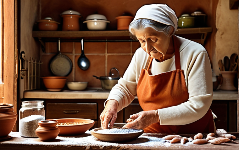 **Image:** A rustic Italian kitchen scene. Focus on Nonna (grandmother) teaching a young child how to layer anchovies with salt in a glass jar. Soft, warm lighting, emphasizing the tradition and connection. Include elements like terracotta pots and wooden utensils.
