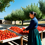 A professional Italian woman in modest, traditional attire, with her hair neatly tied back, standing in a sun-drenched Mediterranean courtyard. She is gently tending to rows of vibrant red tomatoes drying on wooden racks under the clear blue sky. Traditional stone walls and lush green olive trees are visible in the background, creating an idyllic scene. The image captures natural lighting and rich, warm colors. This is a professional photograph, safe for work, appropriate content, fully clothed, family-friendly. Perfect anatomy, correct proportions, natural pose, well-formed hands, proper finger count, natural body proportions, high quality.