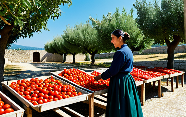 A professional Italian woman in modest, traditional attire, with her hair neatly tied back, standing in a sun-drenched Mediterranean courtyard. She is gently tending to rows of vibrant red tomatoes drying on wooden racks under the clear blue sky. Traditional stone walls and lush green olive trees are visible in the background, creating an idyllic scene. The image captures natural lighting and rich, warm colors. This is a professional photograph, safe for work, appropriate content, fully clothed, family-friendly. Perfect anatomy, correct proportions, natural pose, well-formed hands, proper finger count, natural body proportions, high quality.