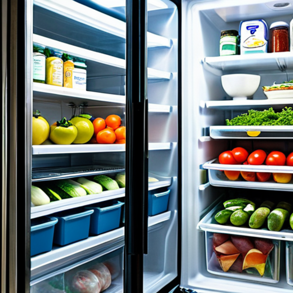 A professional, impeccably organized interior of a modern kitchen refrigerator. The shelves are neatly arranged, showcasing vibrant, fresh Italian ingredients. On the upper shelf, transparent, sealed glass containers hold cooked dishes like lasagna, alongside fresh mozzarella in its brine. The middle shelf displays various dairy products such as stracchino and yogurt, and neatly packaged Italian cold cuts. The coldest lower shelf securely stores raw meat and fish in hermetic containers. The crisper drawers are filled with crisp, colorful vegetables like zucchini and eggplant. The scene emphasizes meticulous food preservation, cleanliness, and efficient storage. The kitchen environment is bright and professional, fully clothed, appropriate attire, safe for work, perfect anatomy, correct proportions, natural pose, well-formed hands, proper finger count, natural body proportions, professional, modest, family-friendly.