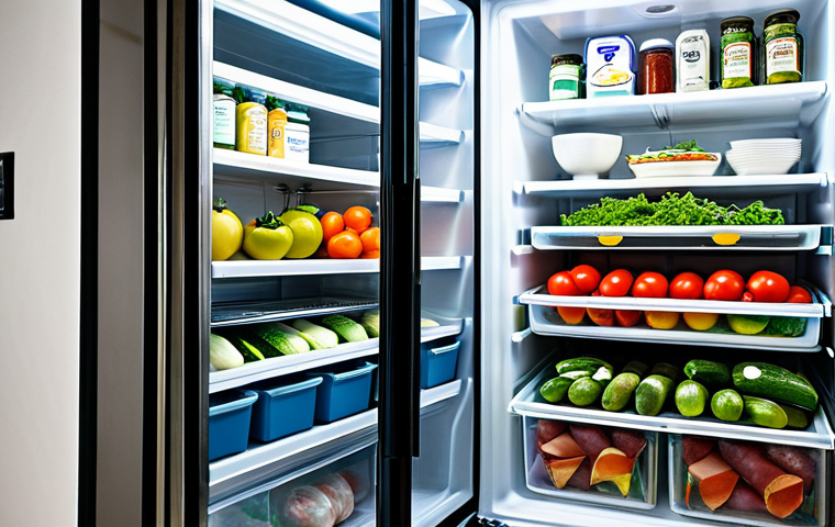 A professional, impeccably organized interior of a modern kitchen refrigerator. The shelves are neatly arranged, showcasing vibrant, fresh Italian ingredients. On the upper shelf, transparent, sealed glass containers hold cooked dishes like lasagna, alongside fresh mozzarella in its brine. The middle shelf displays various dairy products such as stracchino and yogurt, and neatly packaged Italian cold cuts. The coldest lower shelf securely stores raw meat and fish in hermetic containers. The crisper drawers are filled with crisp, colorful vegetables like zucchini and eggplant. The scene emphasizes meticulous food preservation, cleanliness, and efficient storage. The kitchen environment is bright and professional, fully clothed, appropriate attire, safe for work, perfect anatomy, correct proportions, natural pose, well-formed hands, proper finger count, natural body proportions, professional, modest, family-friendly.