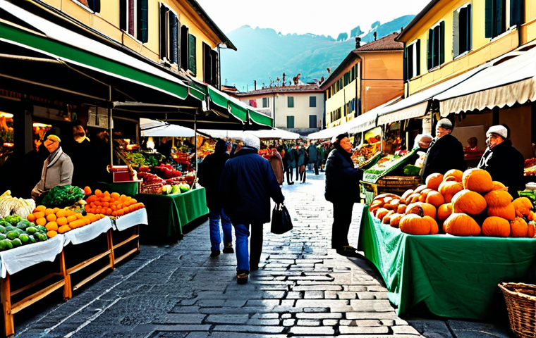 Seasonal Italian Market**
"A vibrant Italian street market scene, showcasing vendors selling seasonal fruits and vegetables (pumpkins, chestnuts, cabbages), fully clothed vendors in appropriate attire interacting with customers, colorful produce displays, backdrop of traditional Italian architecture, safe for work, professional photography, perfect anatomy, natural proportions, family-friendly, high resolution."
**