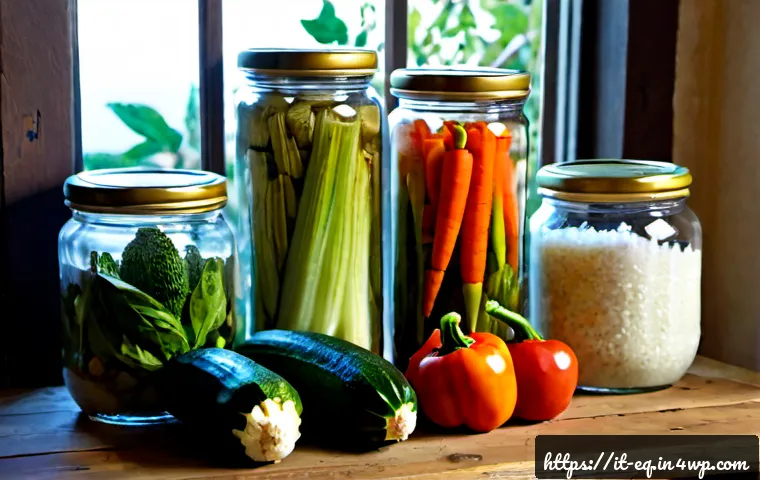 Home 12 장아찌 만들기 기초부터 심화까지 - Photorealistic Italian home kitchen scene showing the basics of vegetable pickling, a senior-friendl...